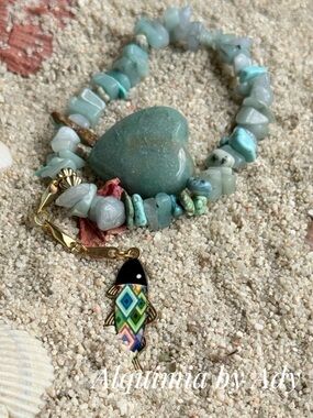 Aqua Green Amazonite and aquamarine & Enamel Fish Charm Bracelet